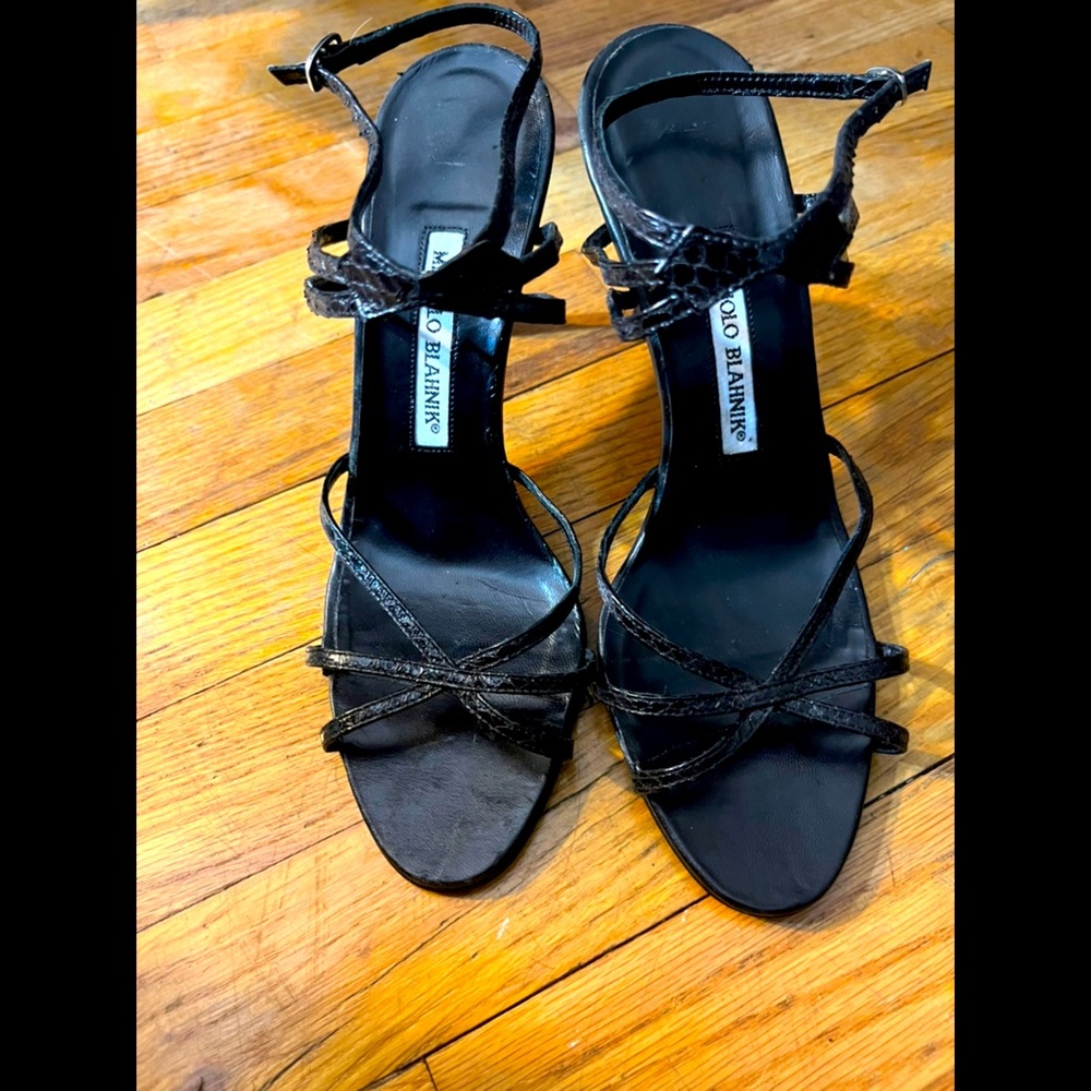 Manolo Blahnik Black Snakeskin Leather Strappy Sandals Heels sz 7.5-8.5